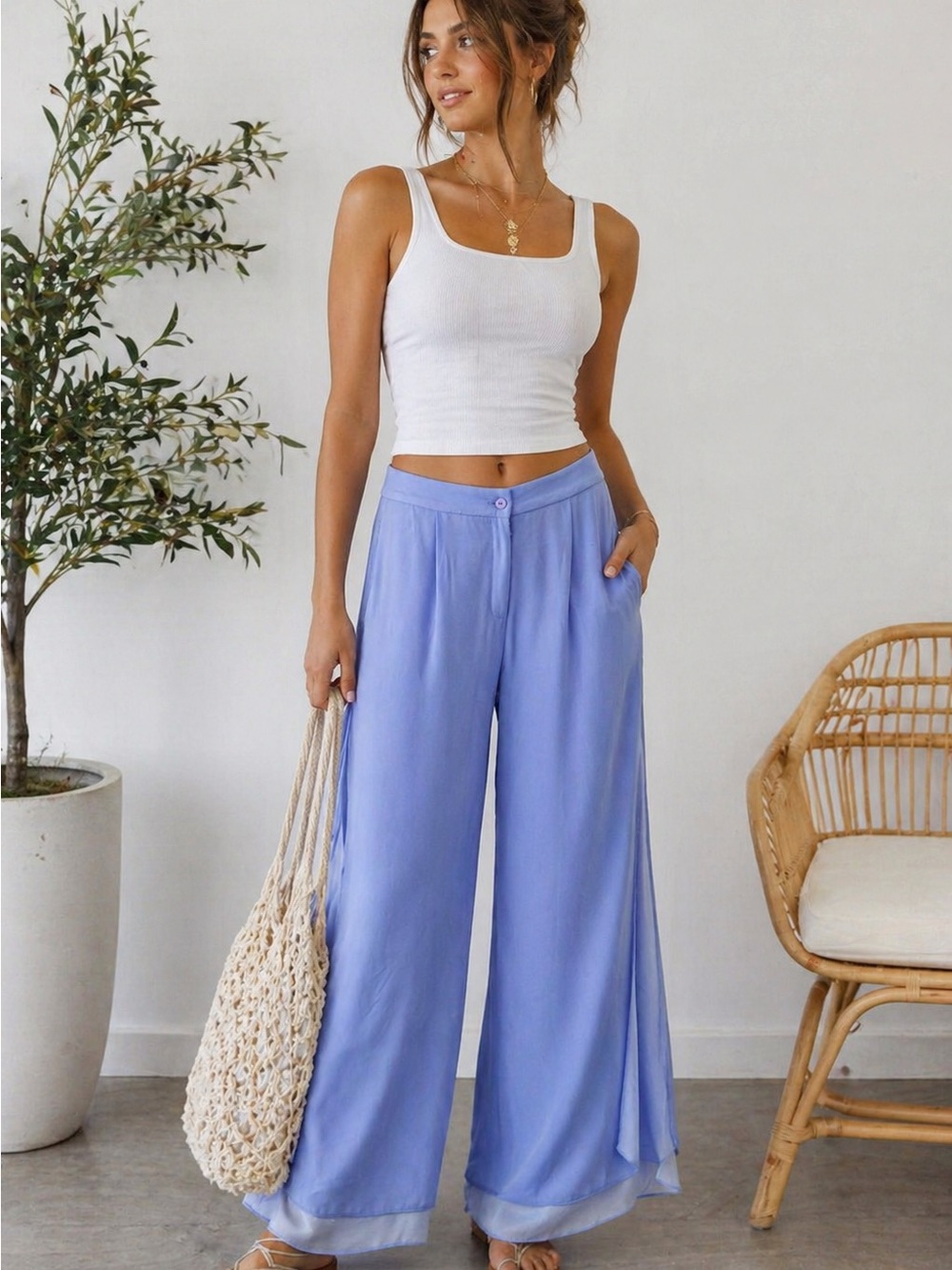 Periwinkle Wide Leg Pants Size 6 Flowy Layered Hem High Rise Lightweight